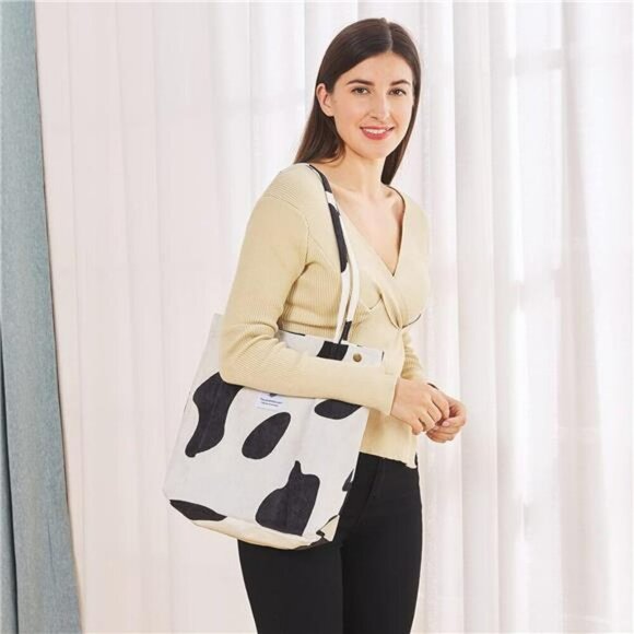 Corduroy Tote Bag for Women Shoulder Purse with Pocket for Work Travel Beach - Picture 7 of 8